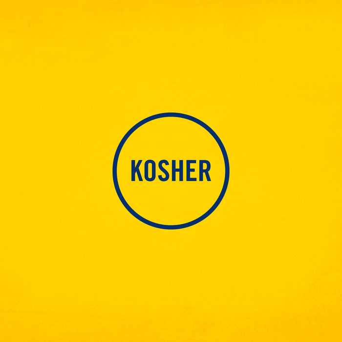A graphic illustration featuring a blue circle with a K inside and the word KOSHER below it to indicate that Frenchs Beige Stone Ground Dijon Mustard 12 Oz is a certified kosher product.