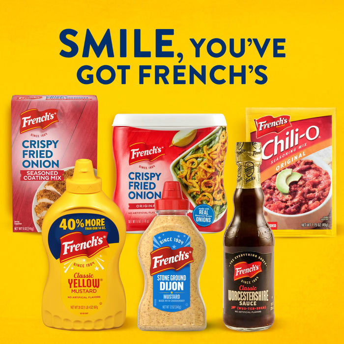 A collection of various Frenchs products including Frenchs Beige Stone Ground Dijon Mustard 12 Oz and crispy fried onions are displayed against a bright yellow background with the text Smile You Have Got Frenchs.
