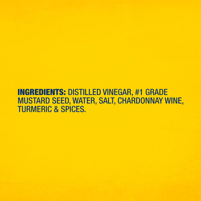 A list of ingredients for Frenchs Beige Stone Ground Dijon Mustard 12 Oz including distilled vinegar, mustard seed, water, salt, chardonnay wine, turmeric, and spices on a yellow background.