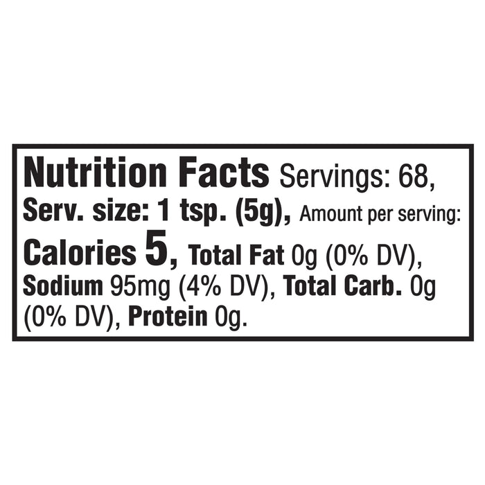 This is a nutrition facts label showing that one teaspoon contains 5 calories, 0g of fat, 100mg of sodium, 0g of carbohydrates, and 0g of protein.