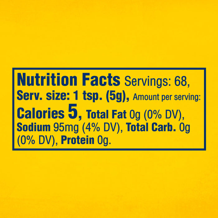 A nutrition facts label for Frenchs Beige Stone Ground Dijon Mustard 12 Oz showing 5 calories and 95 milligrams of sodium per one teaspoon serving.