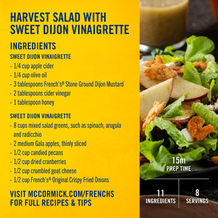 This recipe infographic for a Harvest Salad with Sweet Dijon Vinaigrette features Frenchs Beige Stone Ground Dijon Mustard 12 Oz as a key ingredient for the dressing.