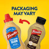 An infographic with the text PACKAGING MAY VARY shows a red arrow pointing from a newer black-capped bottle to an older red-capped bottle of Frenchs Beige Stone Ground Dijon Mustard 12 Oz.