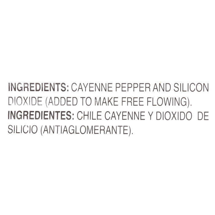Ingredients for cayenne pepper are listed in English and Spanish.
