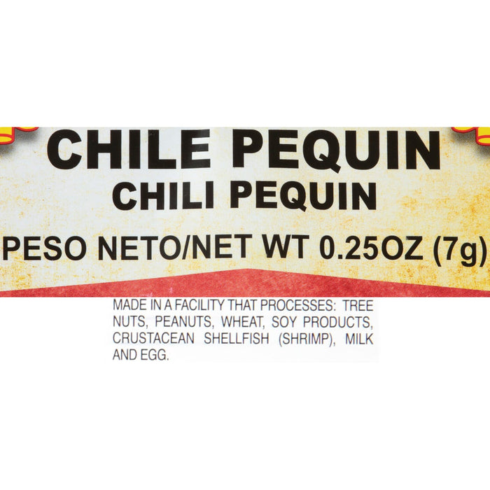 A label for Chile Pequin chili peppers with the net weight and a list of allergens.