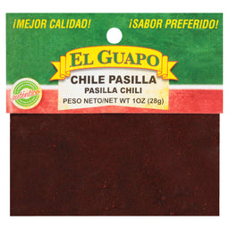 El Guapo Chile Pasilla Pasilla Chili packaging with a red chili powder inside.