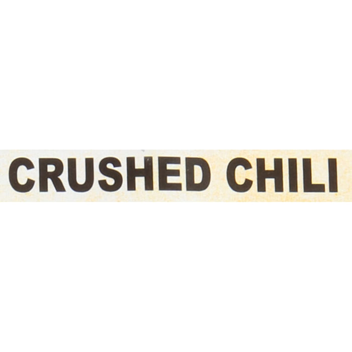A white label with black text that reads Crushed Chili