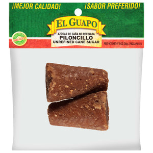El Guapo Piloncillo Unrefined Cane Sugar packaging with two pieces of sugar.