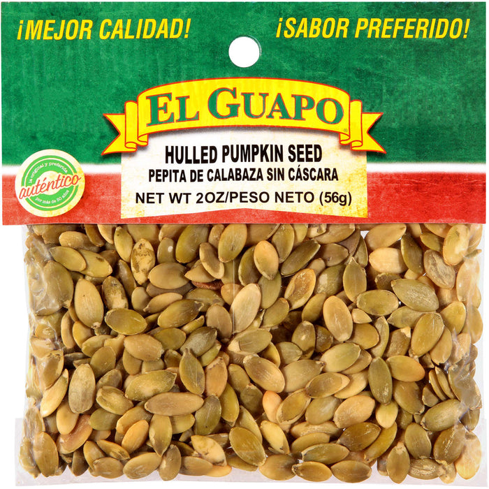 A bag of El Guapo Hulled Pumpkin Seeds.