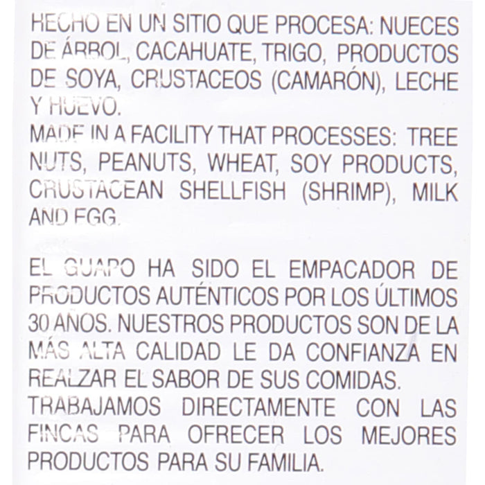 A label for El Guapo products, stating that they are made in a facility that processes nuts, peanuts, wheat, soy products, crustacean shellfish, milk and eggs.