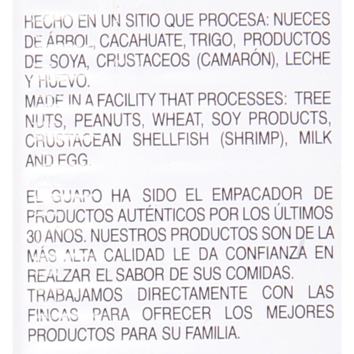 A label for El Guapo products, stating that they are made in a facility that processes tree nuts, peanuts, wheat, soy products, crustacean shellfish, milk and eggs.