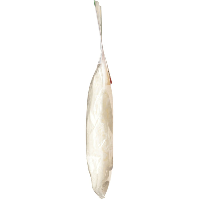 A side view of a bag of shredded mozzarella cheese.