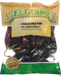 A bag of El Guapo Guajillo Chile Pods, 100% grown in Mexico.