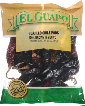 A bag of El Guapo Guajillo Chile Pods, 100% grown in Mexico.