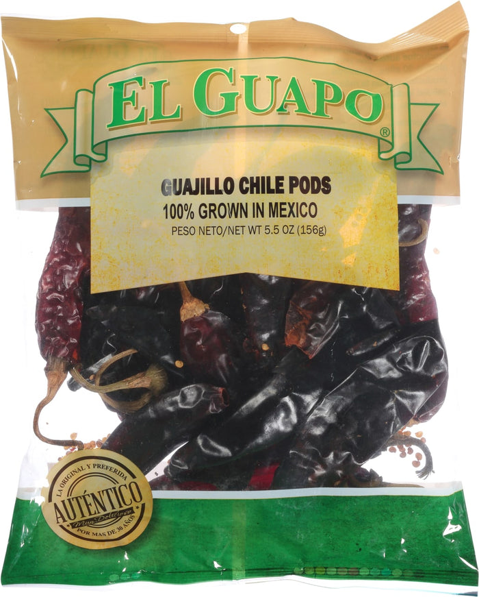 A bag of El Guapo Guajillo Chile Pods, 100% grown in Mexico.
