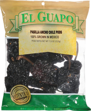 A bag of El Guapo Pasilla Ancho Chile Pods, 100% grown in Mexico.