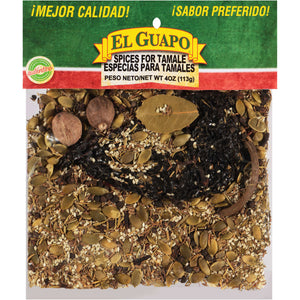 A bag of El Guapo spices for tamale, with a variety of seeds and spices.
