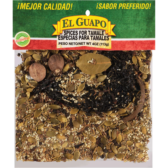 A bag of El Guapo spices for tamale, with a variety of seeds and spices.