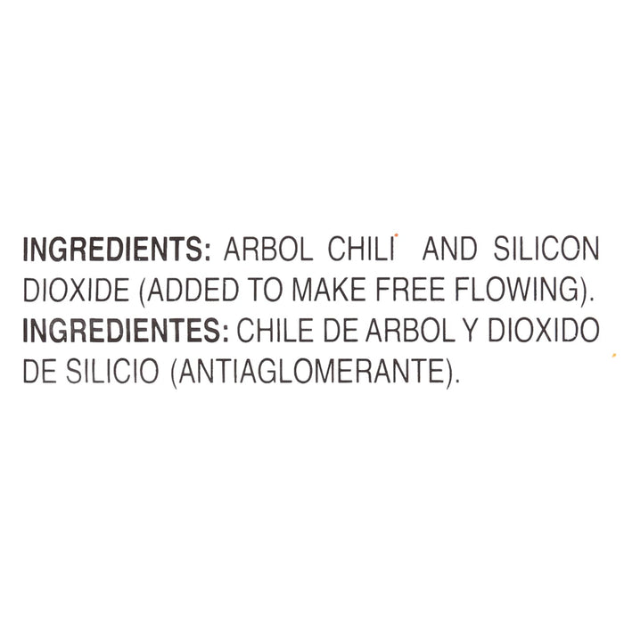 Ingredients for Arbol Chili are listed in English and Spanish.