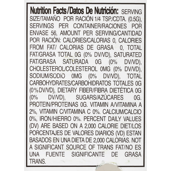 Nutrition facts label for a product with 0 calories per serving.