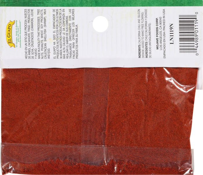 A bag of El Guapo California Chili Powder with a barcode and ingredients list.
