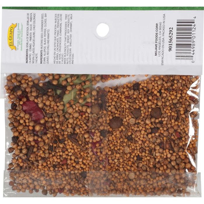 A bag of El Guapo brand spices with a barcode and ingredients listed on the back.