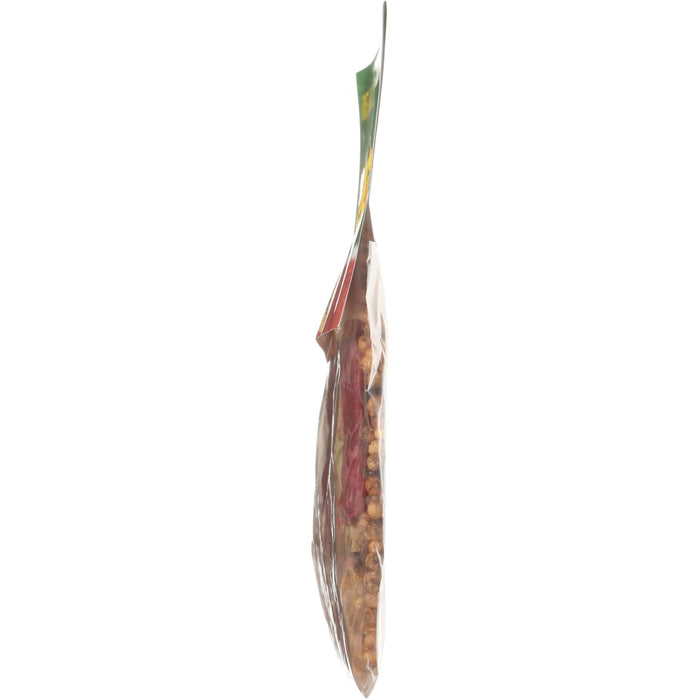 A side view of a bag of trail mix.