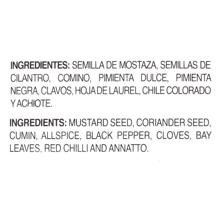 Ingredients for a spice blend in English and Spanish.