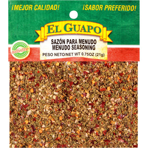 El Guapo Menudo Seasoning package with a close-up of the seasoning.