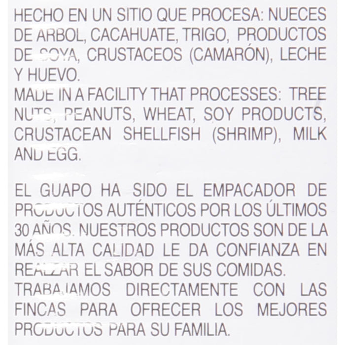 A label for El Guapo products, stating that they are made in a facility that processes nuts, peanuts, wheat, soy products, crustacean shellfish, milk and egg.