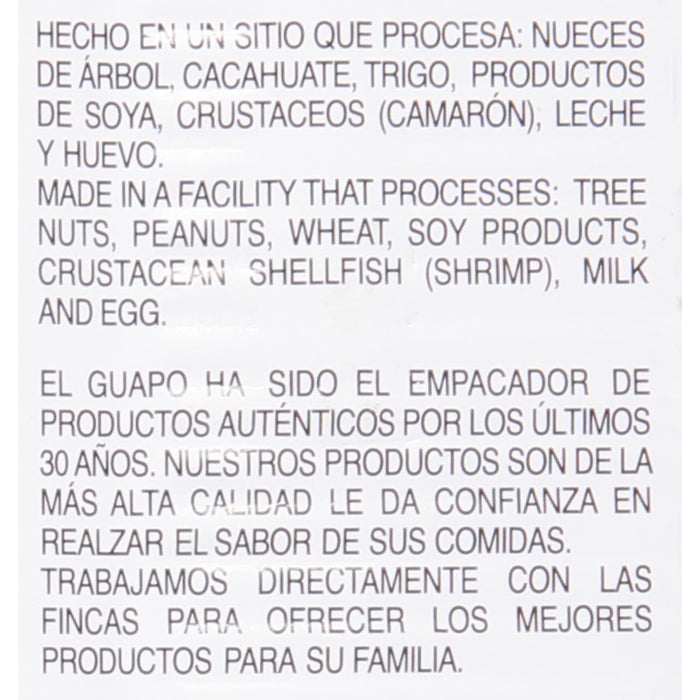 A white label with text in Spanish and English about the ingredients and origin of the product.