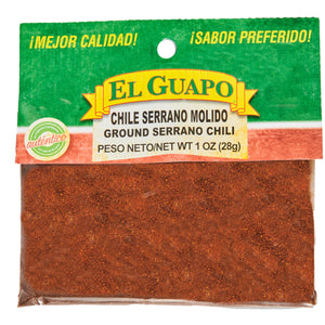A package of El Guapo Chile Serrano Molido ground serrano chili.