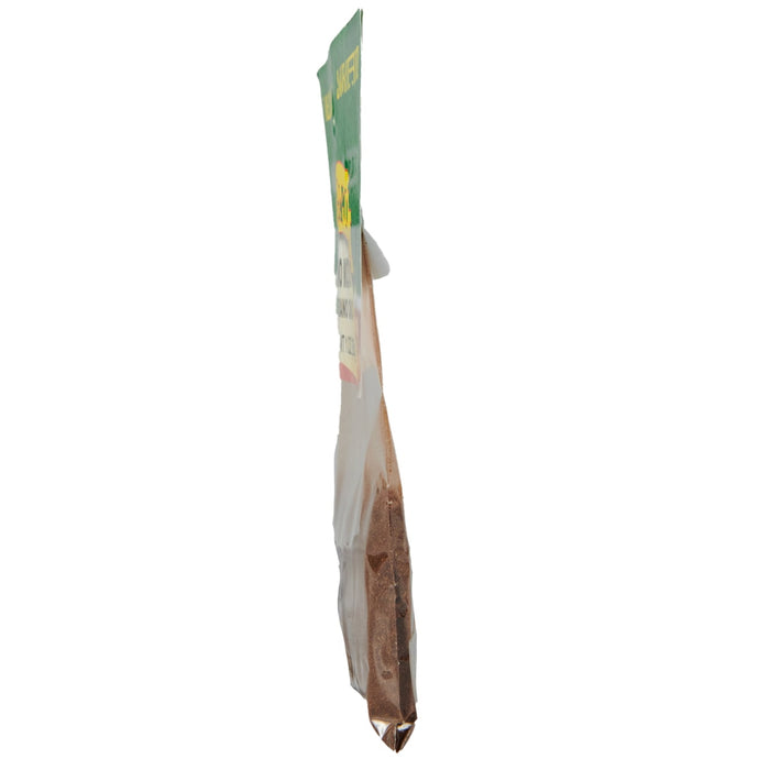 A side view of a small bag of ground cinnamon.