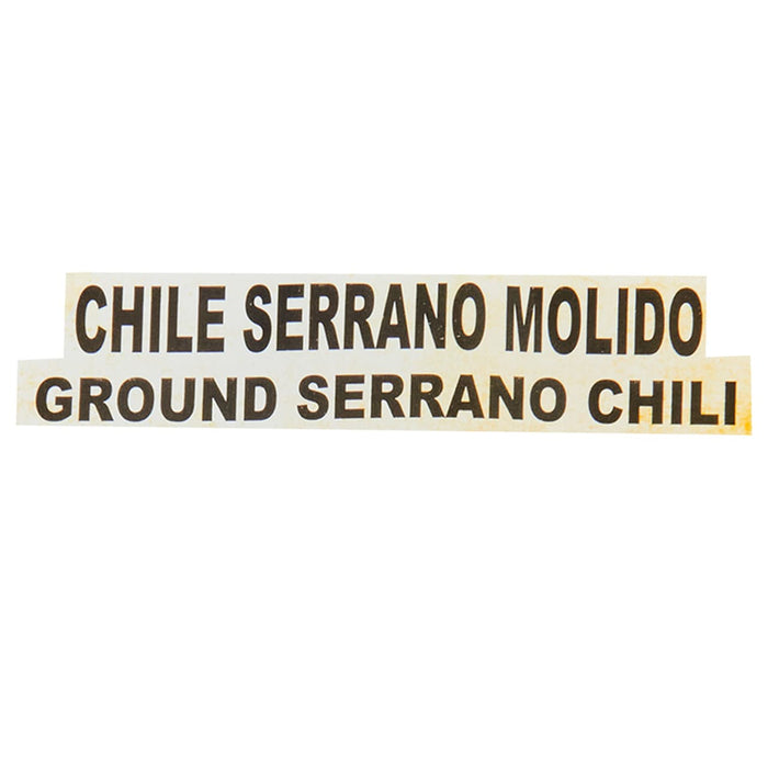 A label that reads Chile Serrano Molido Ground Serrano Chili