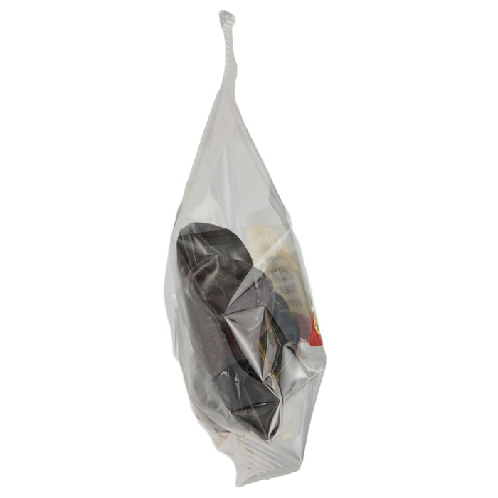 A clear plastic bag with a red and green label containing dark chocolate candies.