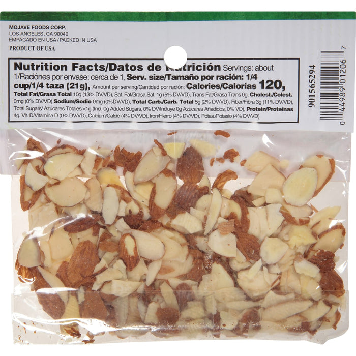 A nutrition facts label for a bag of sliced almonds from Mojave Foods Corp.