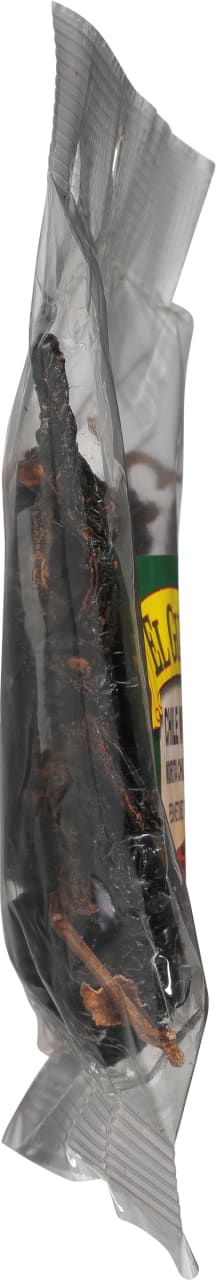 A close-up of El Guapo brand Chile Morita peppers in a clear plastic bag.