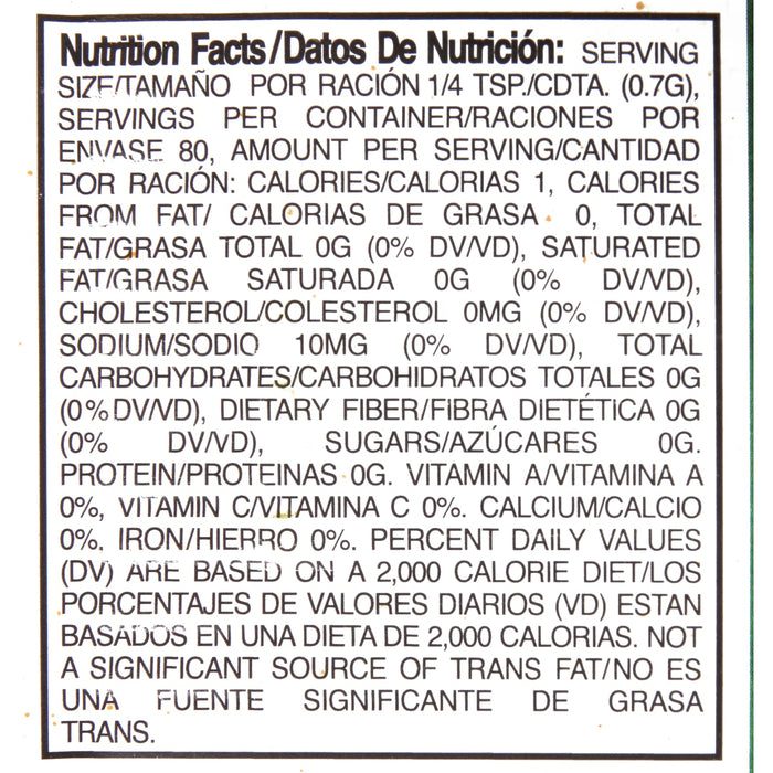['Nutrition facts label for a product with 1 calorie per serving.']