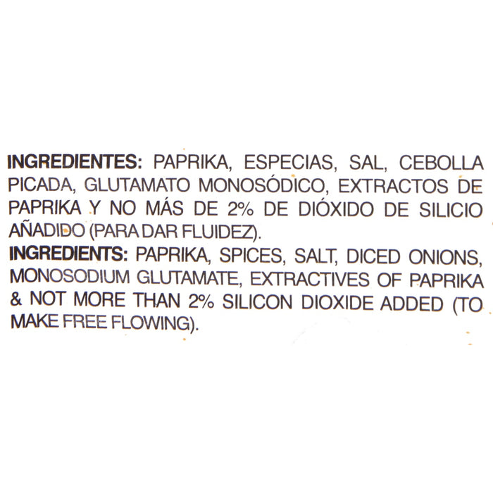 The ingredients for this product are paprika, spices, salt, diced onions, monosodium glutamate, extractives of paprika, and silicon dioxide.