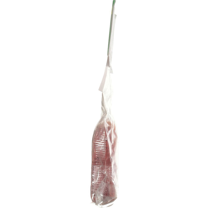 A side view of a package of sliced salami.