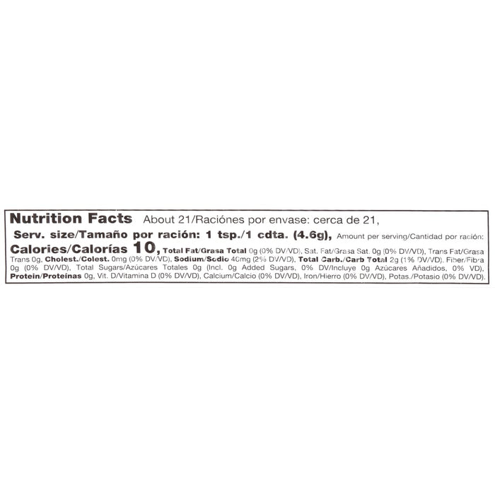 Nutrition facts label for a product with 10 calories per serving.