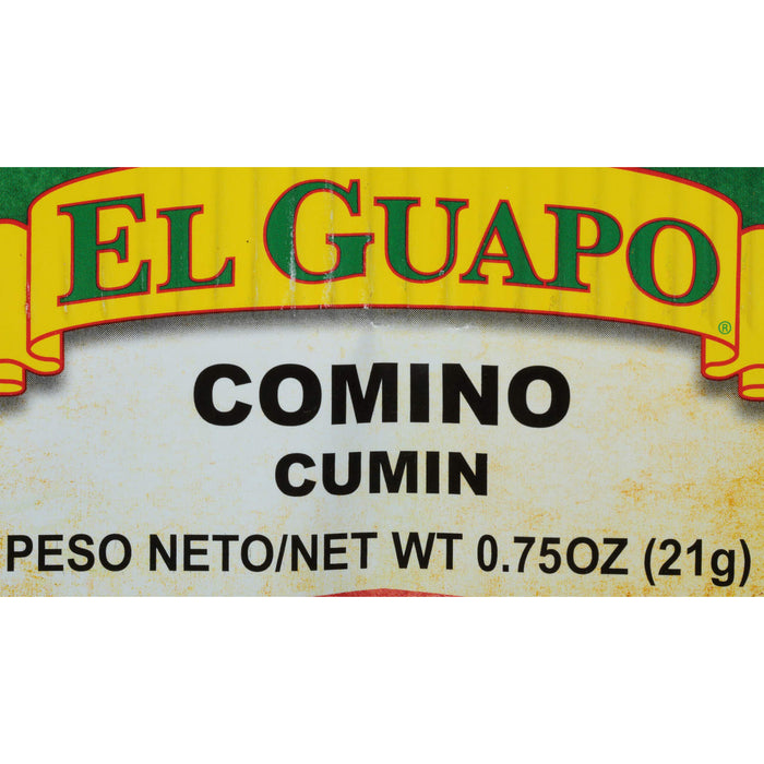A yellow and green El Guapo brand label for cumin.