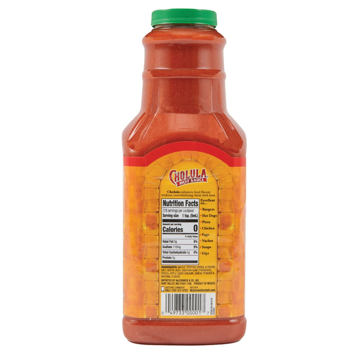 A bottle of Cholula Hot Sauce with nutrition facts and ingredients listed on the label.
