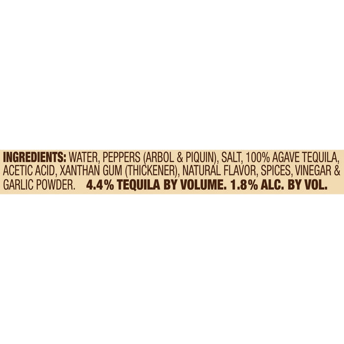 Ingredients for a hot sauce with 4.4% tequila and 1.8% alcohol by volume.