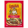 A package of Cholula Original Taco Seasoning Mix, with a serving suggestion of tacos on a wooden plate.