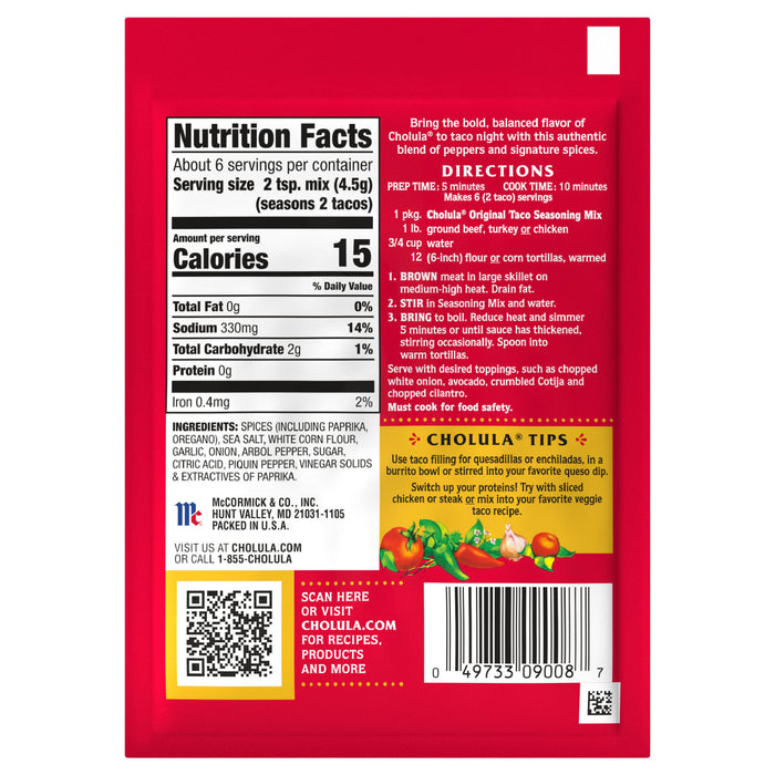 A Cholula Original Taco Seasoning Mix package with nutrition facts and directions for use.