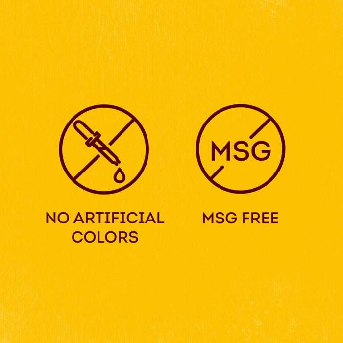 An infographic for Cholula Medium Taco Seasoning Mix 1 Oz featuring two circular icons on a yellow background that indicate the product contains no artificial colors and is MSG free.