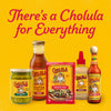 A vibrant advertisement featuring the full range of Cholula products including a packet of Cholula Medium Taco Seasoning Mix 1 Oz alongside salsa and hot sauces against a bright yellow background.
