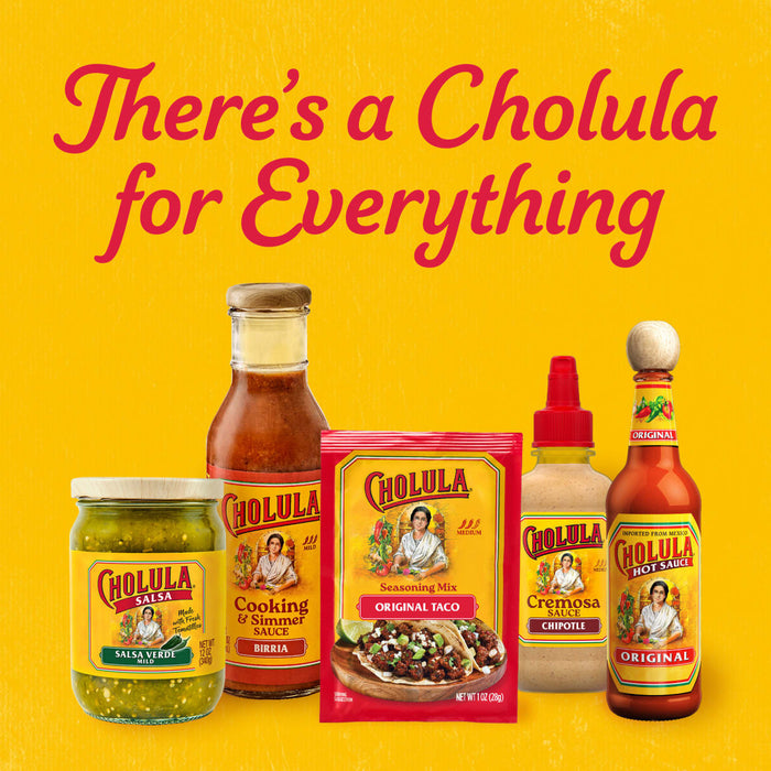 A vibrant advertisement featuring the full range of Cholula products including a packet of Cholula Medium Taco Seasoning Mix 1 Oz alongside salsa and hot sauces against a bright yellow background.