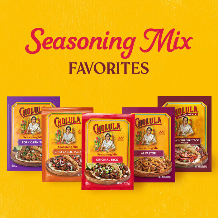 A vibrant yellow graphic showcases a variety of seasoning favorites including the Cholula Medium Taco Seasoning Mix 1 Oz alongside Pork Carnitas, Chili Garlic Taco, Al Pastor, and Smoky Chipotle Taco varieties.